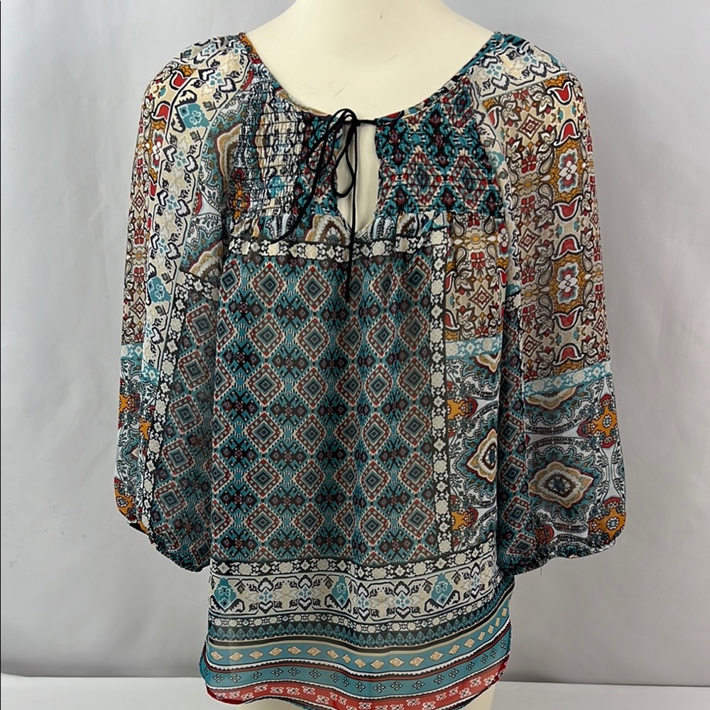 By & By Multicolor Aztec Bohemian Festival Tie Front Blouse Size M